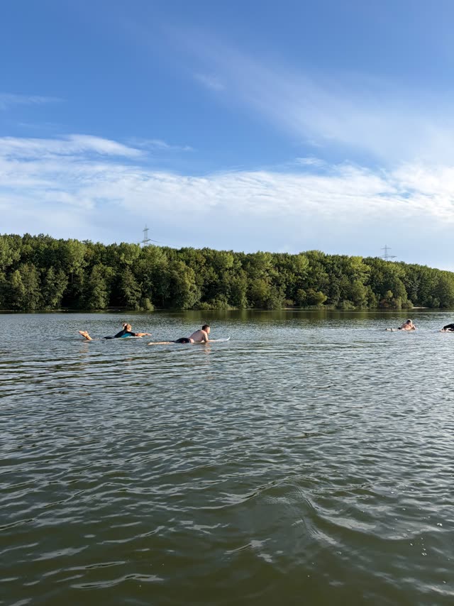 Reihe von Paddlern auf dem See vor bewaldetem Ufer