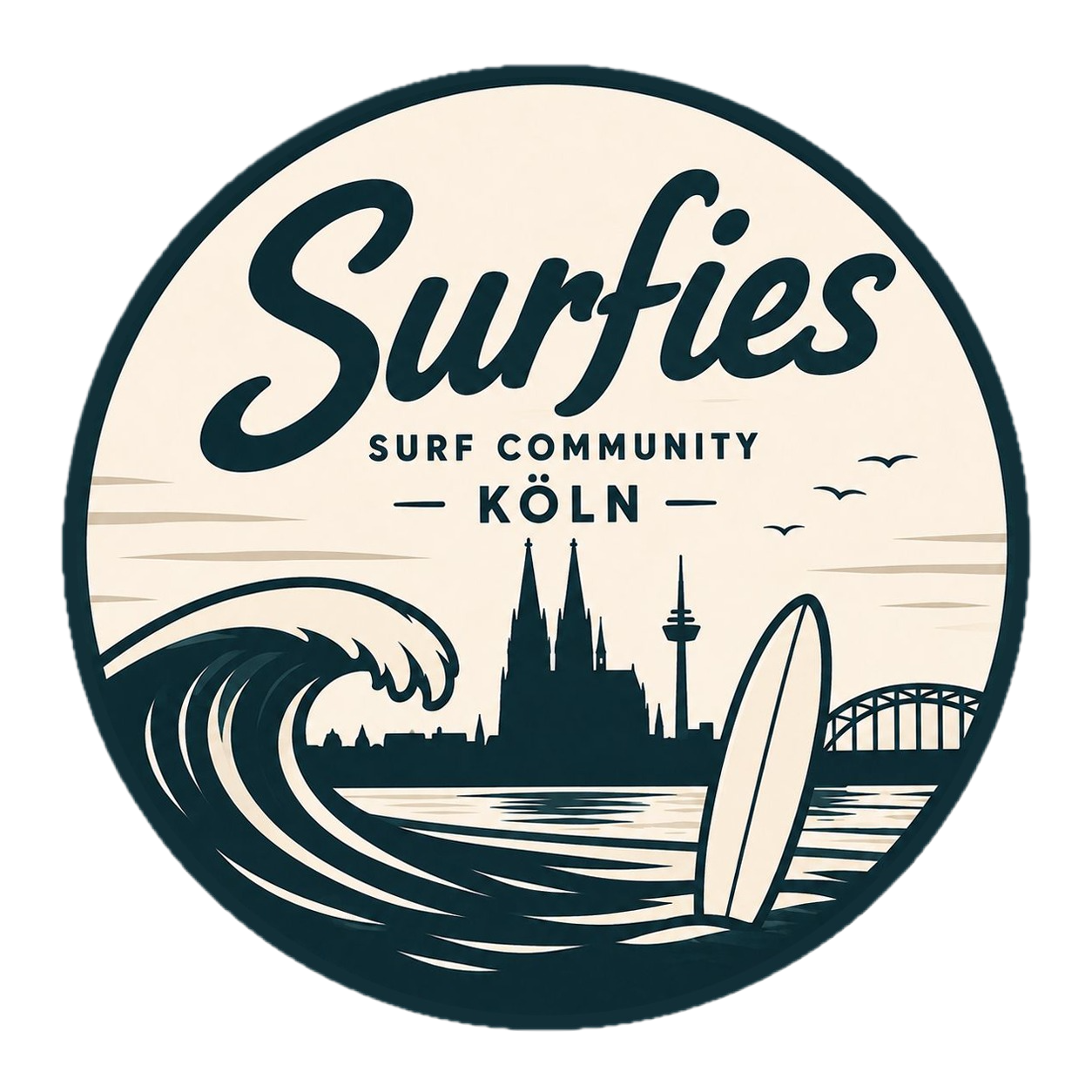 Logo Surfies — Surf Community Köln: Welle, Kölner Skyline und Surfboard im runden Emblem